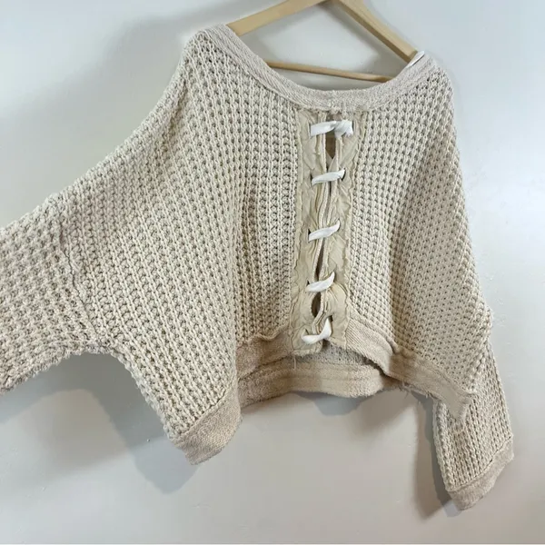 Free People | Lace Up Back Oversized Waffle Knit Sweater Ivory Small - Image 8