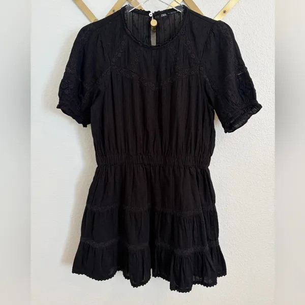 Zara Gothic Swiss Dot Black Puff Sleeve Mini Dress Medium - Image 6