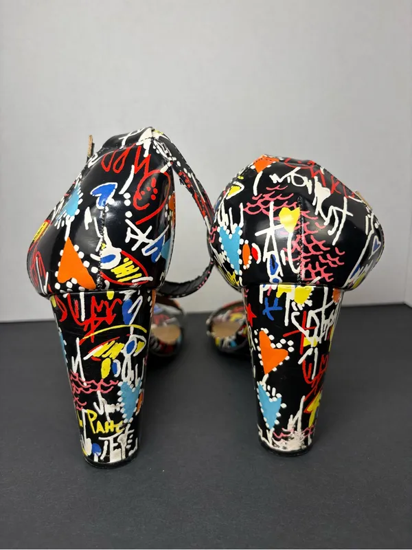 Block Heels BAMBOO Black Multi-Color Graffiti Ankle Strap Sandals - Image 5