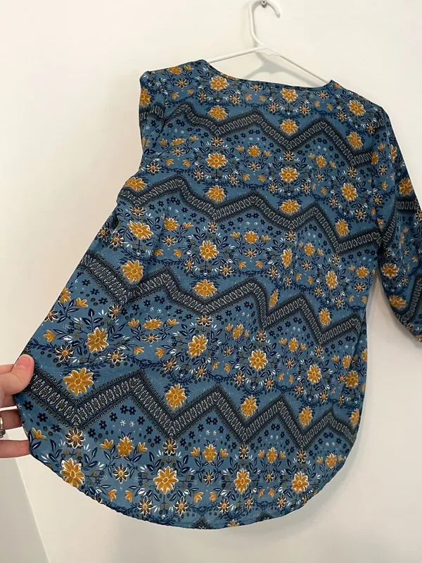 PINK ROSE Blue Mustard Navy Floral Chevron 3/4 Sleeve Roll Tab Sleeve Blouse Top - Image 12