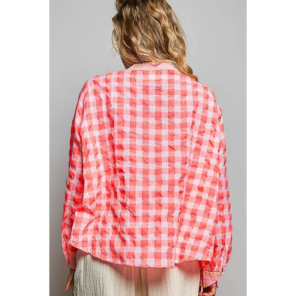 POL Gingham Embroidered Palm Tree Blouse - Pink - Medium - Image 3
