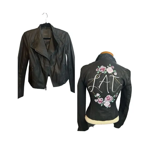 Women's S Andrew Marc New York Womens Black Leather Off Center Zip Jacket Coat p - Image 2