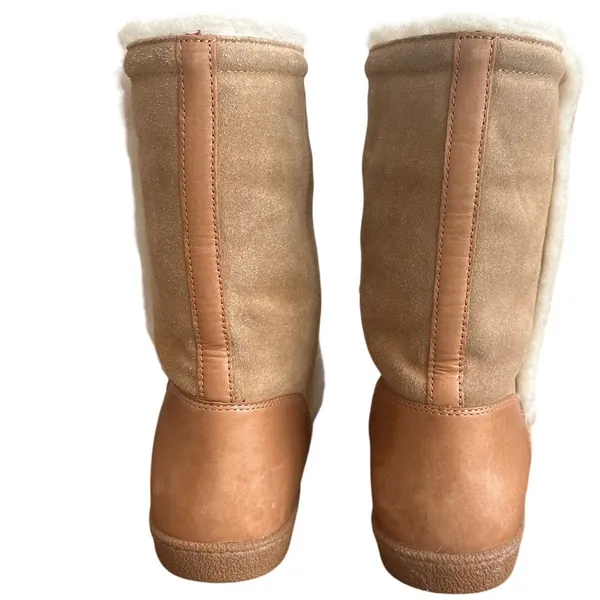 Tory Burch Ginger Suede Shearling Boots 8 Gold Double T Button Winter - Image 4