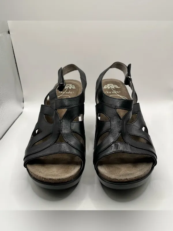 Dansko Felicia black leather wedge sandals, stylish strappy cut-out upper 39 - Image 3