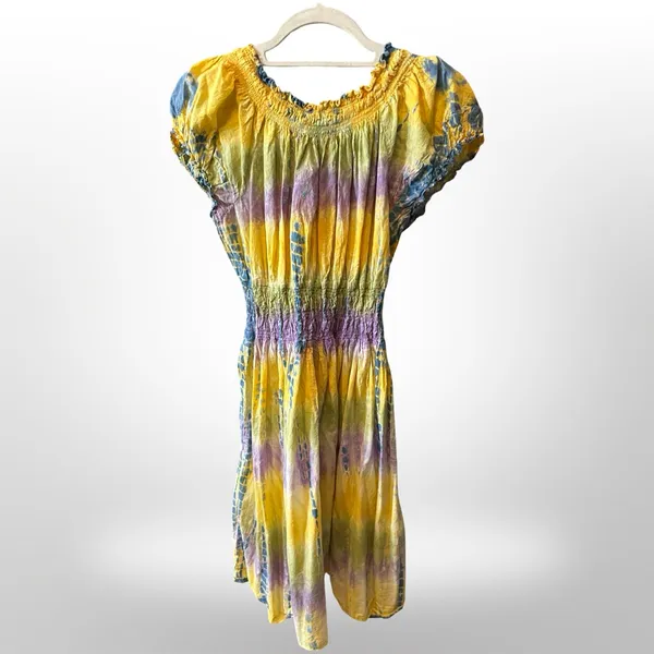 Boho Tie-Dye Peasant Dress | Smocked Waist | Made in India | Size Large - Image 5