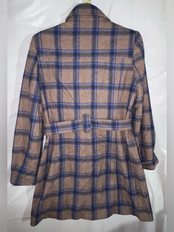 Rouge Par Womens Plaid Wool Blend Coat Sz Medium Blue Brown Buttons Belted Lined - Image 2