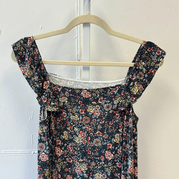 LOFT Floral Ruffle Strap Square Neck Mini Dress Black Multicolor Small Boho Soft - Image 5