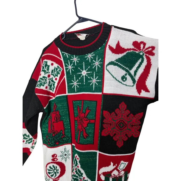 Vintage NutCracker Christmas Sweater Womens Medium Patchwork Metallic Tinsel USA Black - Image 2