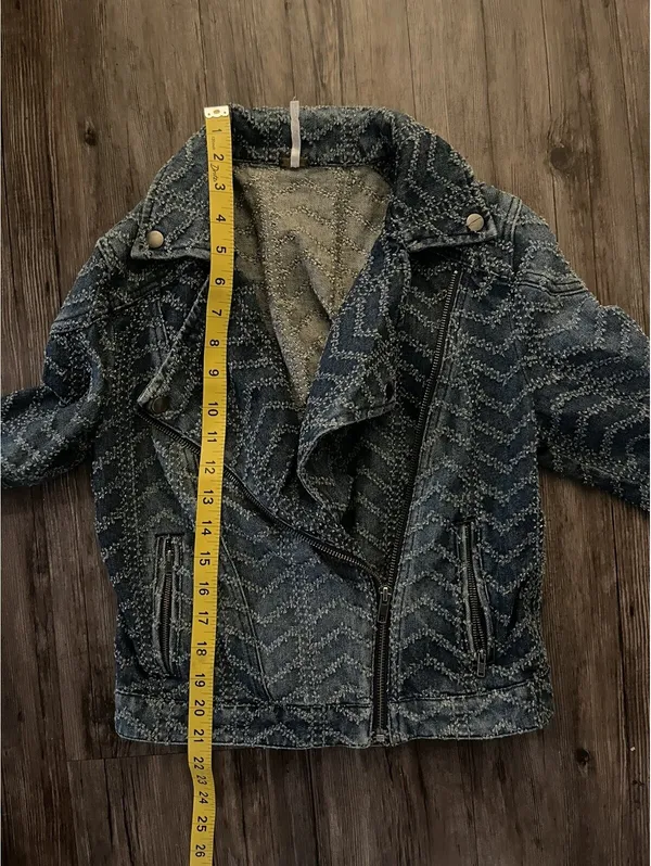 Free People Women's Blue Chevron Moto Biker Jacket Sz S - Image 4