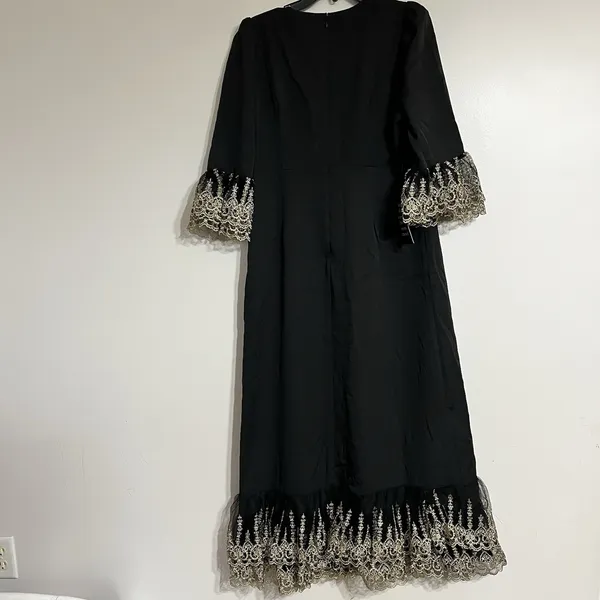 NWT POMANDER PLACE Black Lillith Maxi‎ Cocktail Dress w/ Gold Lace Size Large - Image 11