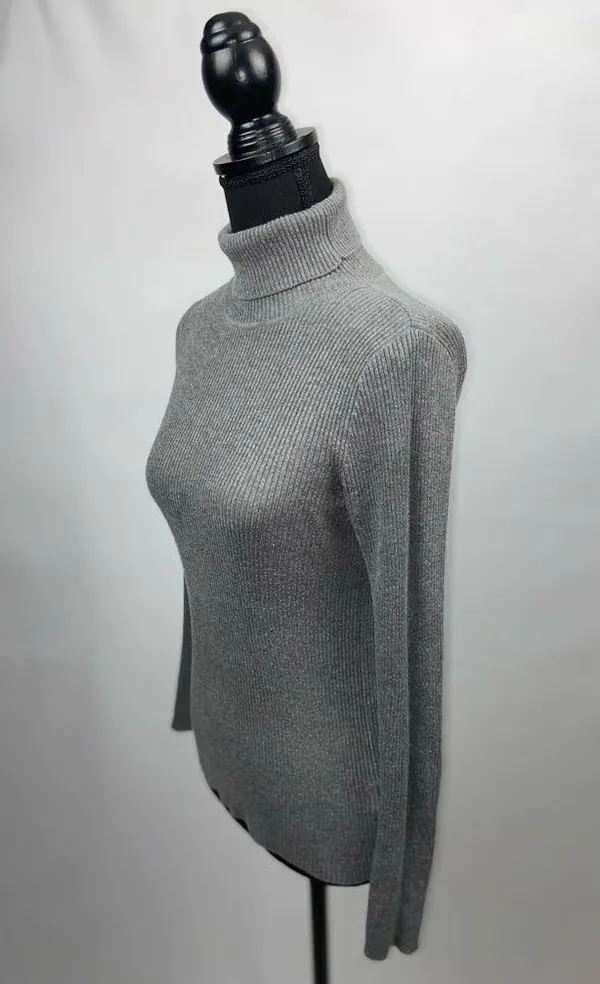 Turtleneck Sweater Grey Rib Knit Large Ambiance Apparel Stretch Top - Image 5