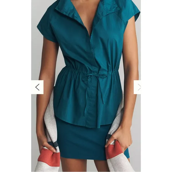 Sundry Anthropologie Cinched Waist‎ Mini Dress Teal Blue Cotton NWT Large Preppy - Image 2