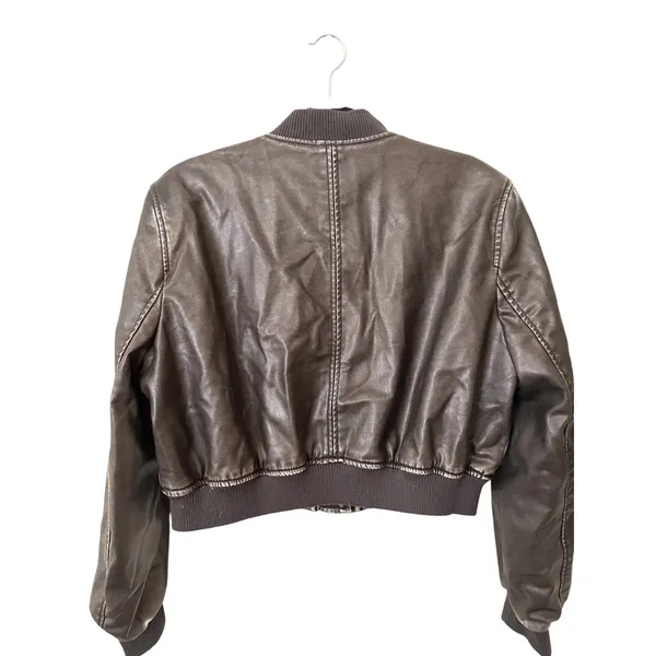 ZARA Faux Leather Cropped Bomber Jacket Brown Medium - Image 6