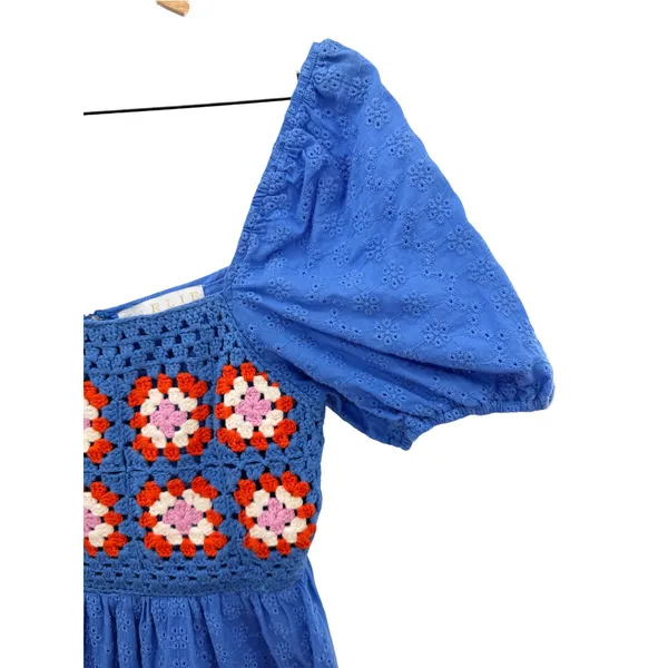 Karlie Blue Cotton Eyelet Crochet Granny Square Puff Sleeve Mini Dress S Cottage - Image 4