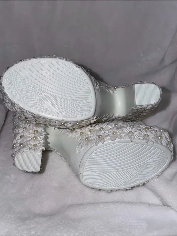 White Lace Floral Pearl Accent Women's Heeled Booties - Image 5