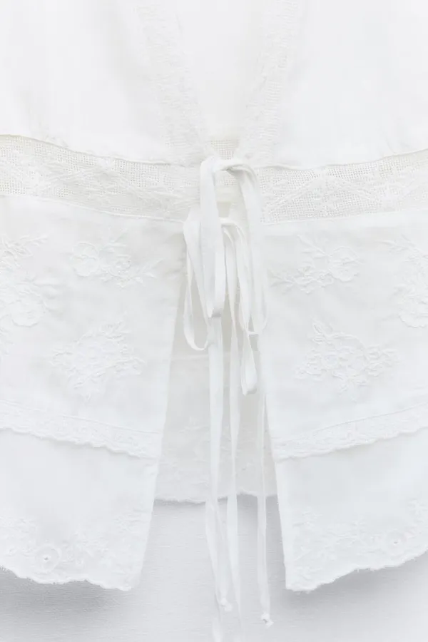 ZARA NWT White EMBROIDERED TIED SHIRT. Size Large - Image 10