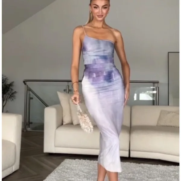 NEW Zara Purple Lilac Tie Dye One Shoulder Sleeveless Ruched Midi Slip Dress XS - Image 4