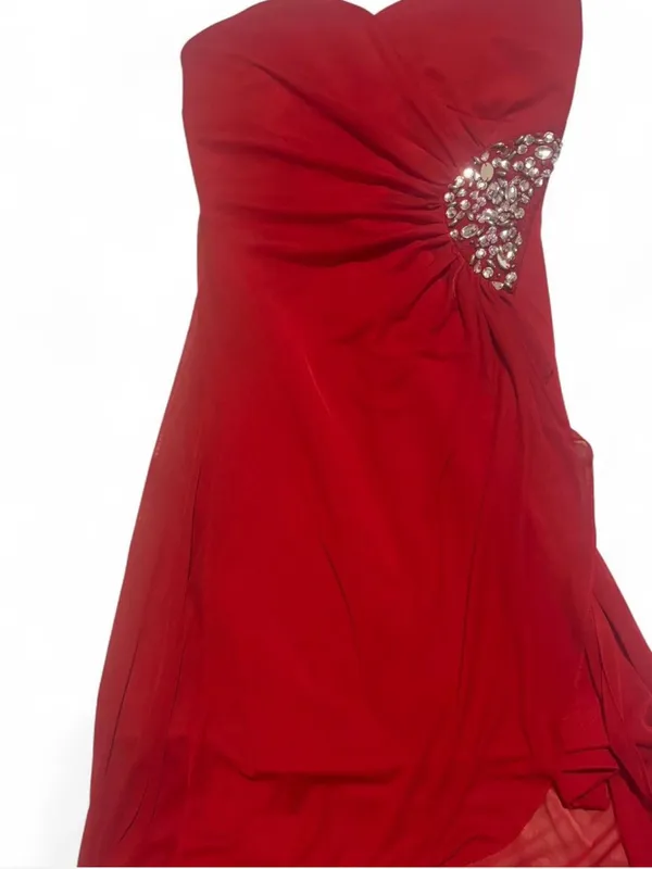 Ruby Rox Strapless Red Evening Gown with Rhinestone Accent - Image 2