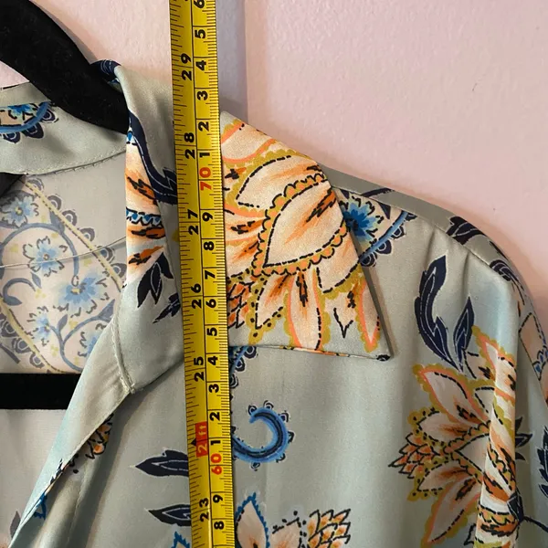 Zara Mint Green Paisley Floral Long Sleeve Button Down Shirt Boho Flowy Large - Image 9
