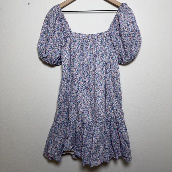 Uniqlo Women Mini Dress XS Ditsy Floral Cottage Tiered Babydoll Purple‎ Wedding - Image 9