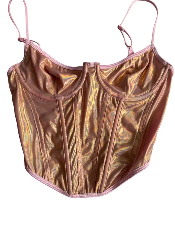 OUT FROM UNDER Pink Holographic Corset Tank Top Size Small - Image 5