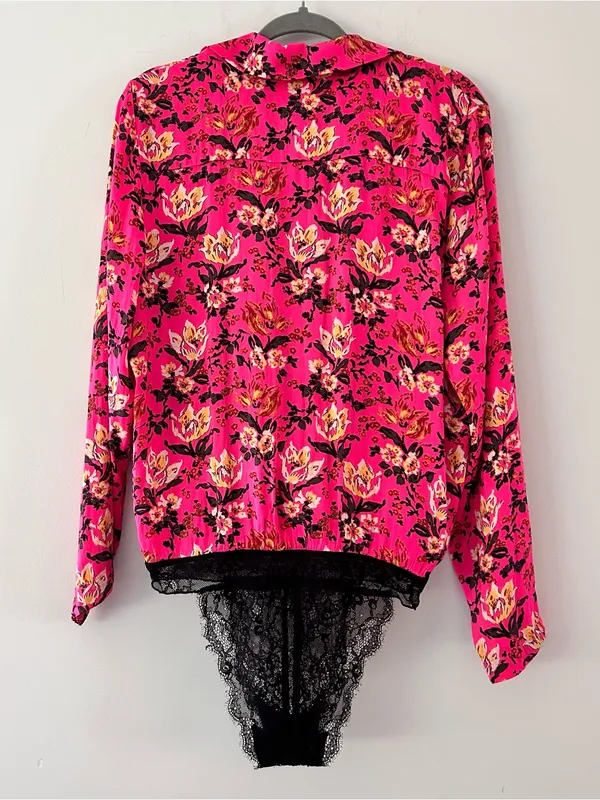 Intimately by Free People| Hot Pink Floral Low Cut Bodysuit sz S - Image 2