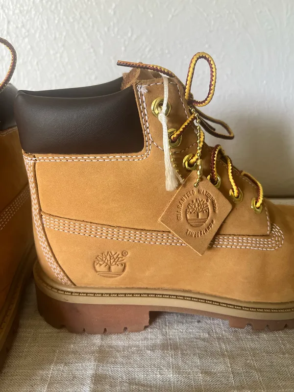 Timberland 6-Inch Premium Waterproof Boots in Wheat Nubuck color, boys size 3. - Image 6