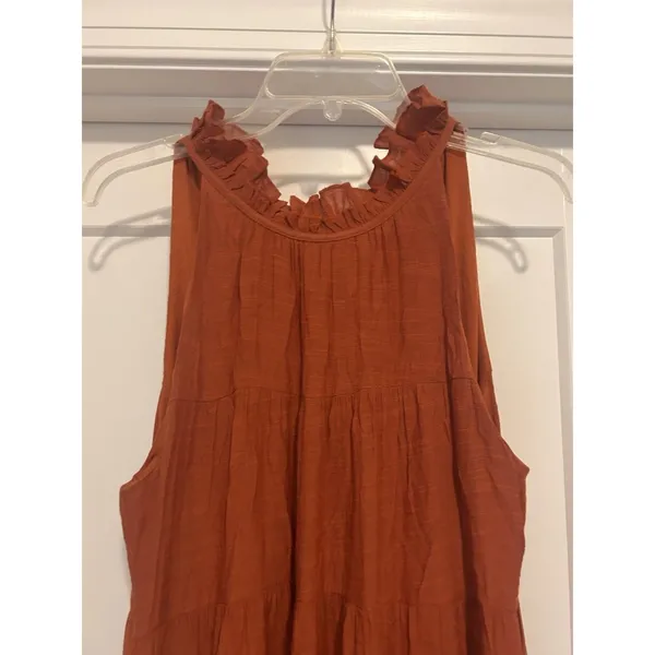 Entro Rust Orange Gauze Tie Neck Tiered Sleeveless Tank Boho Maxi Dress Small - Image 2