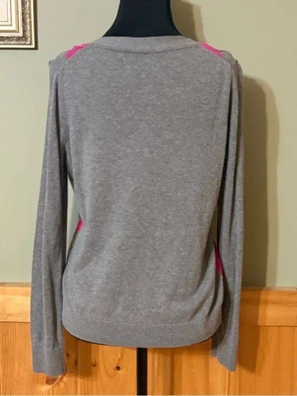 Tommy Hilfiger Gray, Pink & White Argyle V-Neck Cardigan size S 100% Pima Cotton - Image 4