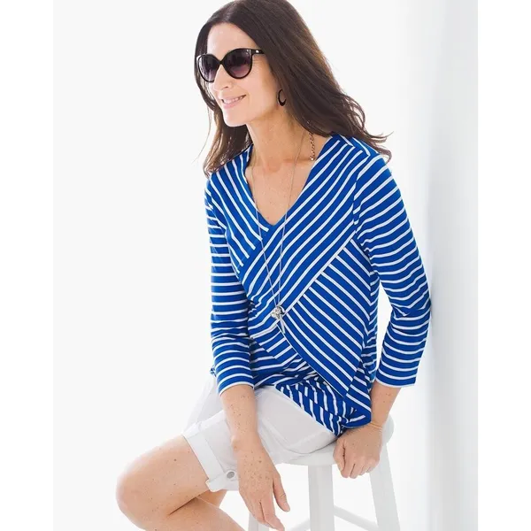 Chico's Miraculous Stripe Tiered Top Blue White‎ Asymmetrical Stripe Sz 1 M 8 - Image 5