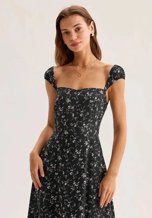 RIHOAS Black Floral Sweetheart Neck Midi Dress - Image 4