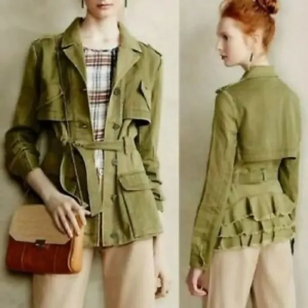 Anthro Hei Hei Olive Green Ruffled Utility Jacket - Image 2
