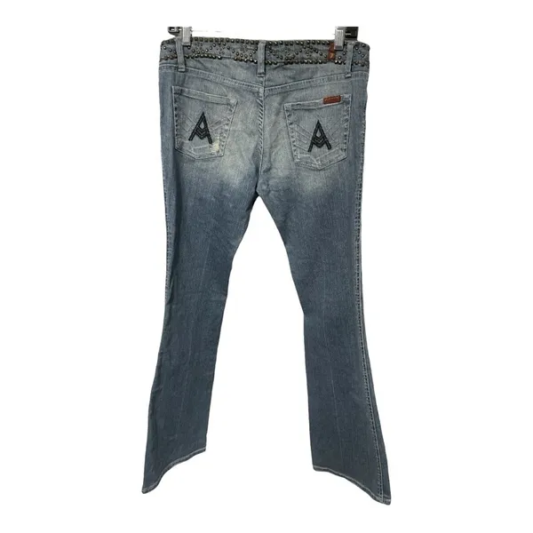 7 For All Mankind Flare Sz 28 Blue Studded Waist Distressed dark Havana jeans - Image 4