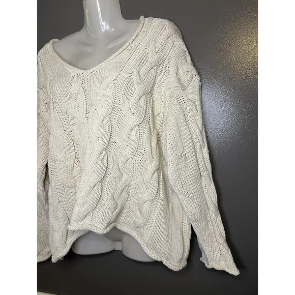 Zara Sweater Womens Small White Cable Knit V Neck Oversized Chunky Pullover - Image 4
