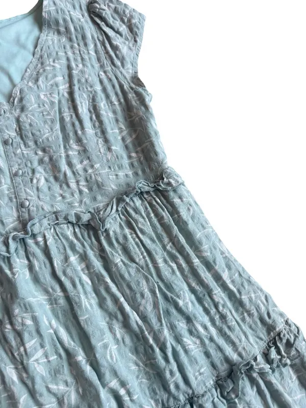 Bohme Mint Tiered Shift Dress Short Sleeve White Leaf Print Boho Size Large - Image 5