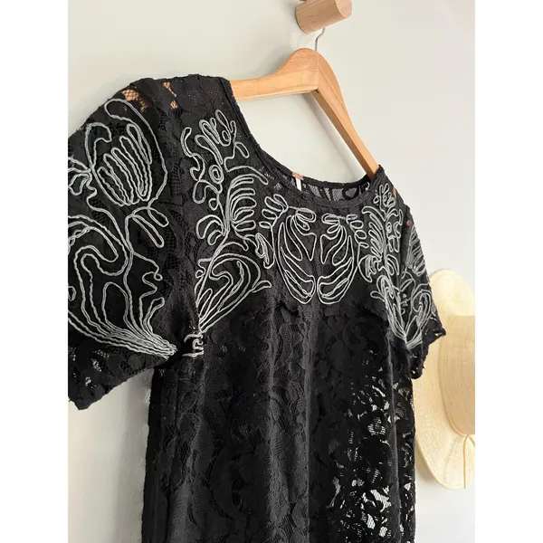 Free People | Dreamer Black Lace Mini Dress | Short Sleeve | Size Small - Image 2