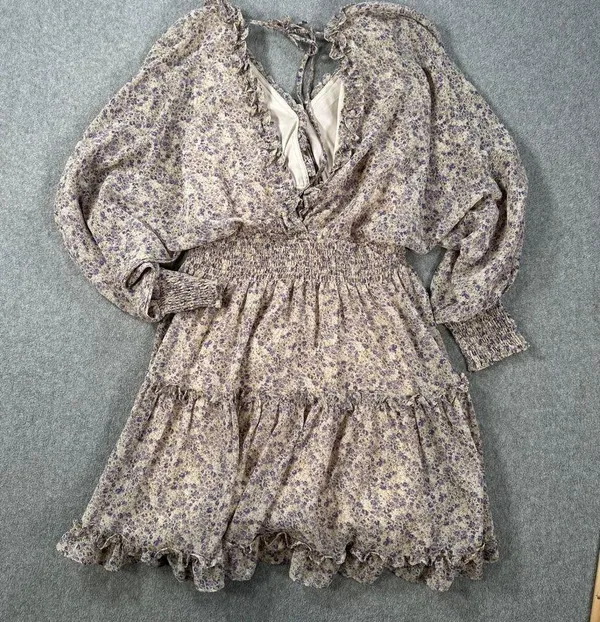 Love ya Bunches Floral V-Neck Long Sleeve Mini Dress Size Medium Ruffle Purple - Image 9