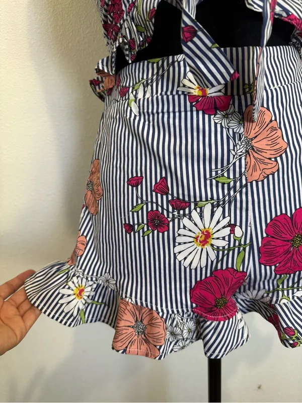 TRAC Floral Stripe Two Piece Set Ruffle Shorts & Tie Front Crop Top S - Image 3