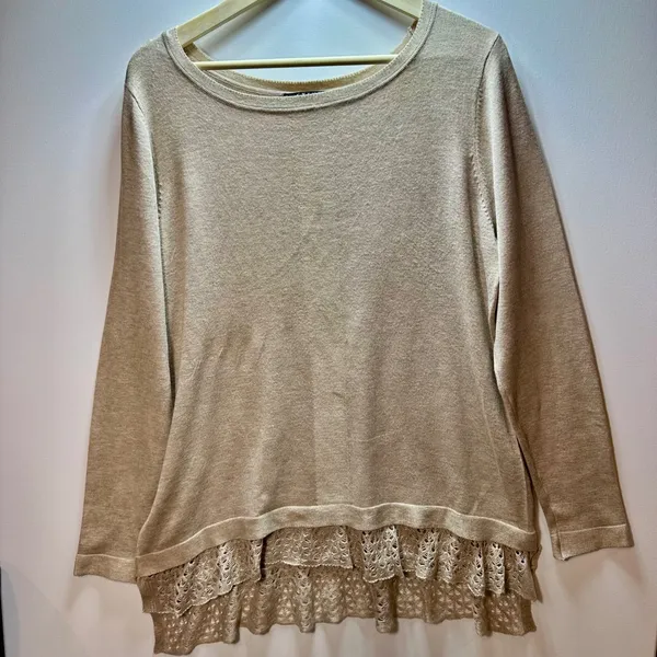 Cyrus Beige Knit Sweater Crochet Lace Tiered Hem Long Sleeve Pullover L tunic - Image 3