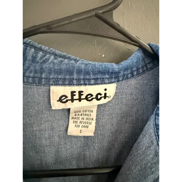 Effeci Vintage Sm Blue Denim Embroidered Garden Short Sleeve Button Down Shirt - Image 7