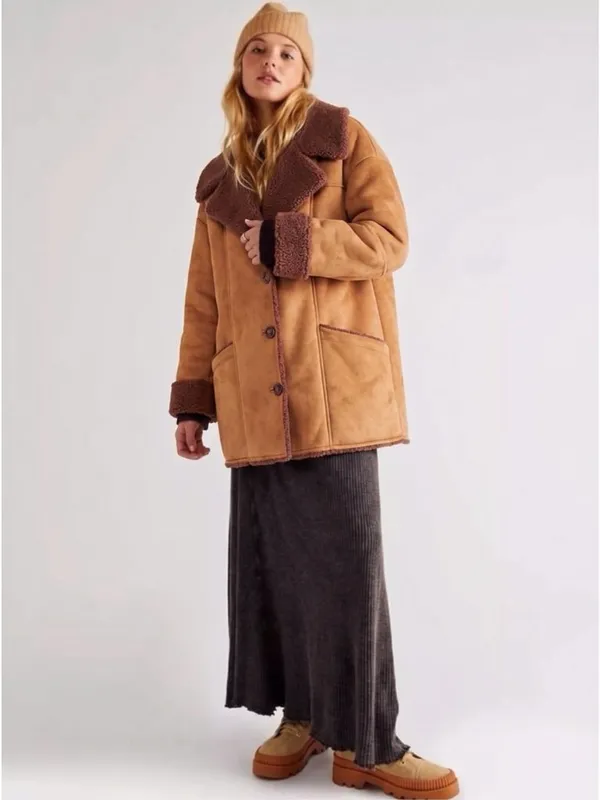 Free People Western Bohemian Retro 70s Faux Sherpa Suede Diogo Coat Size Large - Image 13