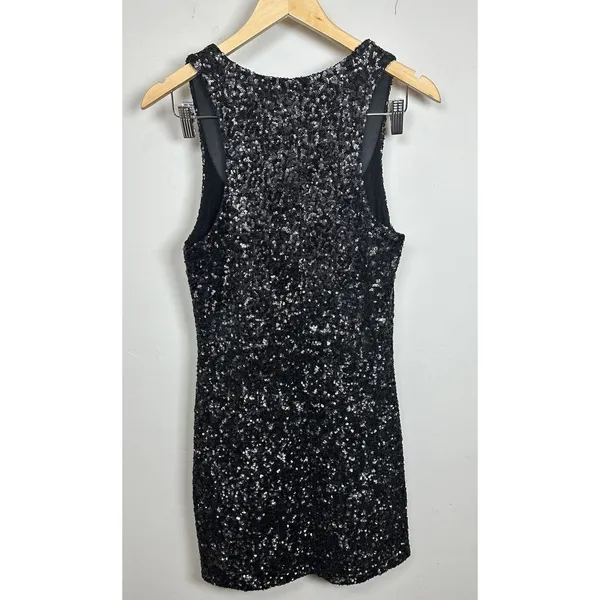 Alice + Olivia Scoop Mini Dress Womens S Black Sequin Sleeveless Party Night Out - Image 4