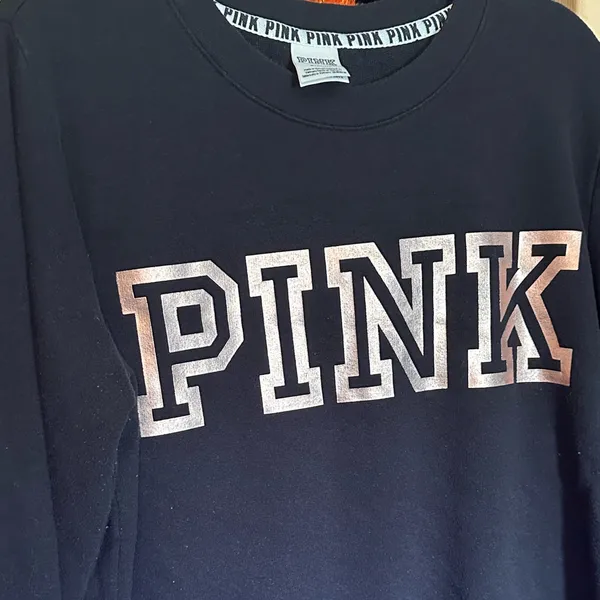 Victoria’s Secret PINK Black Crewneck Sweatshirt Rose Gold Foil Logo Long Sleeve - Image 3