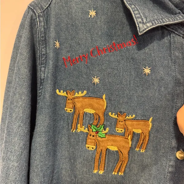 Holiday Time Christmas Santa‎ Reindeer denim button down long sleeve - Image 2