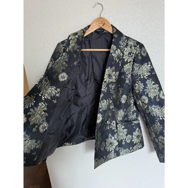 Venus Floral Metallic Jacquard Blazer Jacket Size 10 Gold Navy Black - Image 6