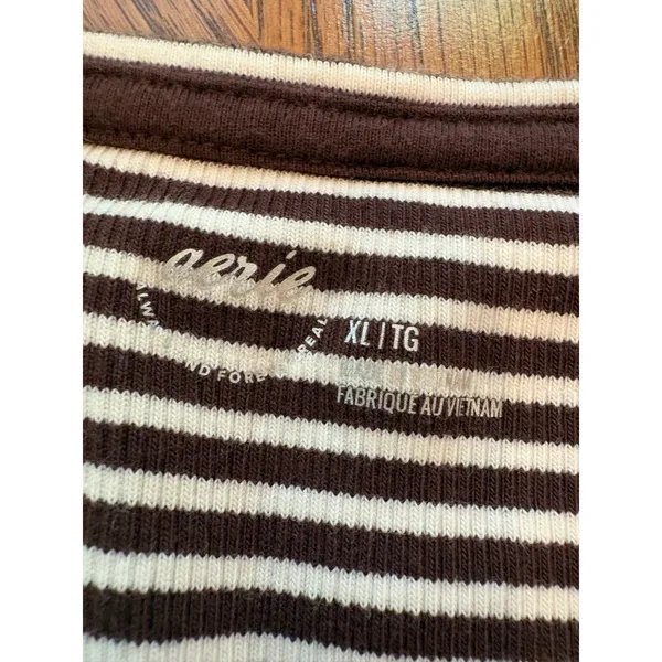 Aerie Henley Tank Top Womens XL Brown White Striped Ribbed Button Sleeveless - Image 5