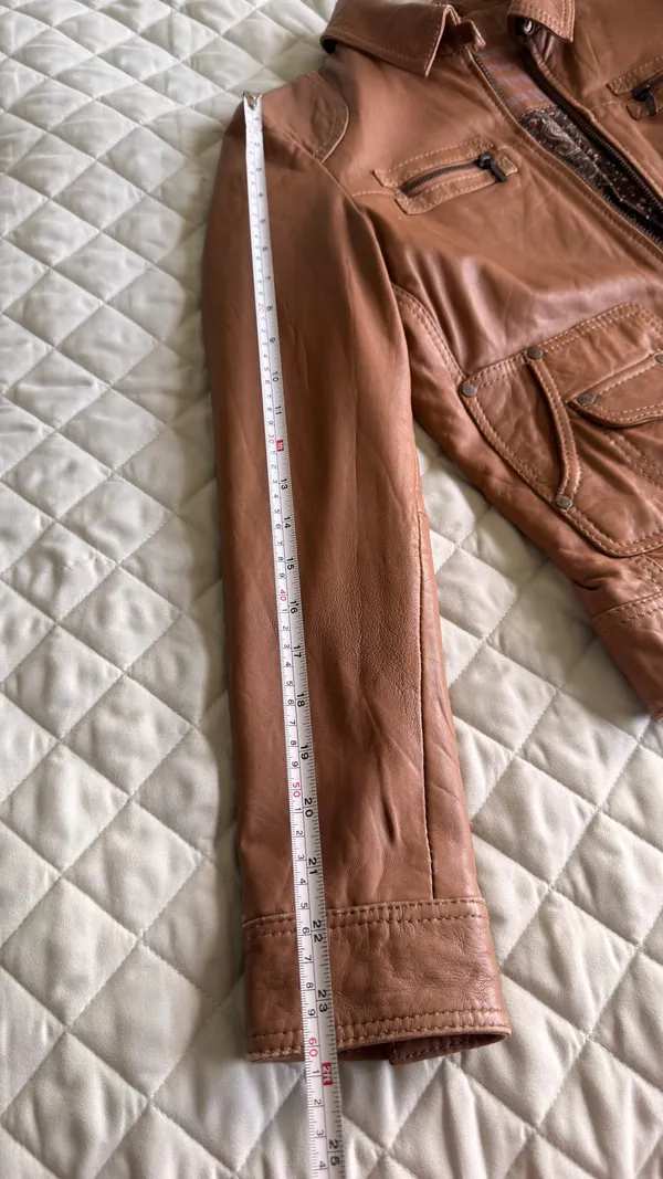Vintage Naf Naf Cognac Genuine Sheepskin Leather Zip front Jacket Women’s L M - Image 4
