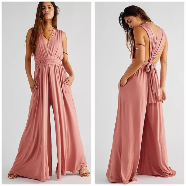 Free People Beach Dani Convertible Jumpsuit Size Medium Pink Maeve Wide Leg Boho - Image 2