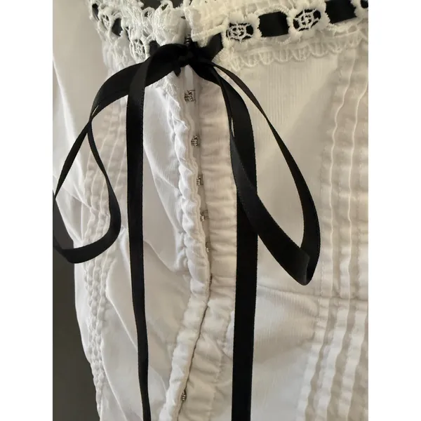 MINE Womens White‎ Corset Crop Top Lace Trim Black Ribbon Hook Eye Front Medium - Image 3