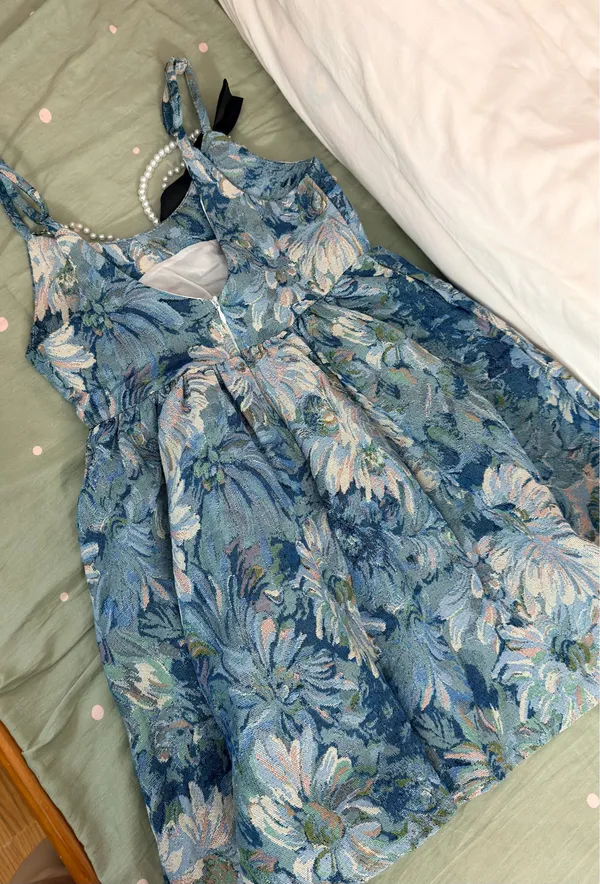 Blue White Floral Jacquard Mini Dress Square Neck Bow Pearl（only ONE‼️ BOW) - Image 5